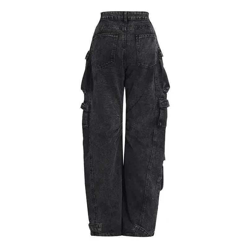 Women's high waist wide leg jeans in tie-dyed colours with multiple pockets and street hipster styling