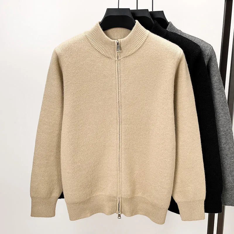 Men's stand collar knitted zipper cardigan in black, grey, or beige with loose fit