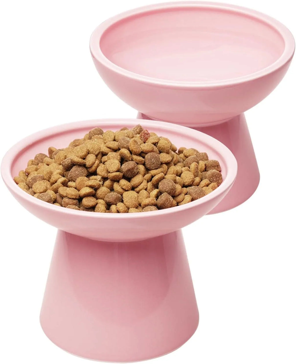 Elevated ceramic cat bowl with wide shallow dish for whisker fatigue prevention