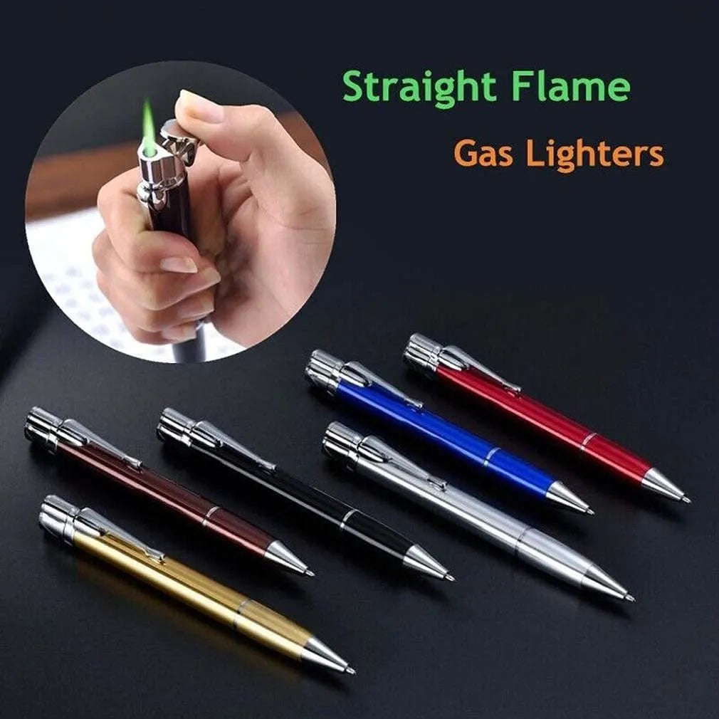 Metal windproof pen lighter showing jet flame, available in black blue red rose red silver yellow colours
