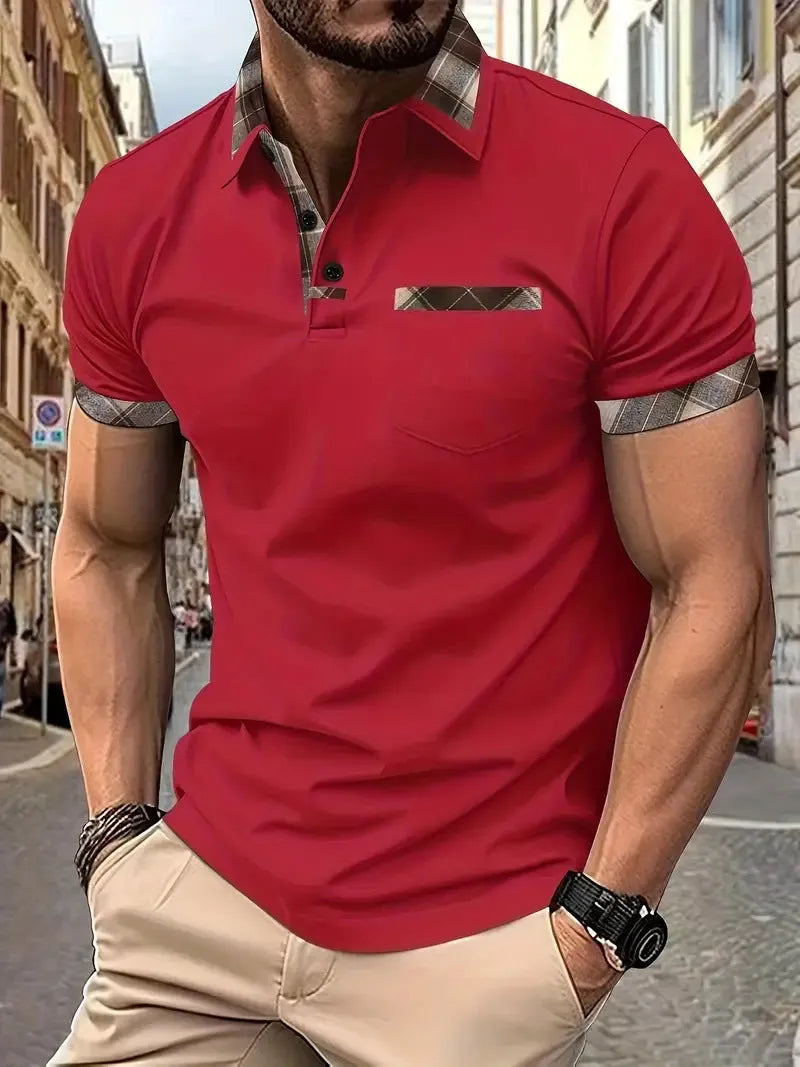 Men's plaid colourblock T-shirt with short sleeves and zipper decorations on front