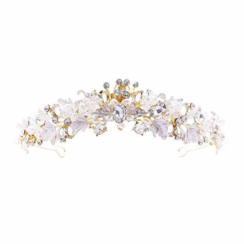 Pearl crown headdress hair accessory for women in gold or silver electroplated alloy