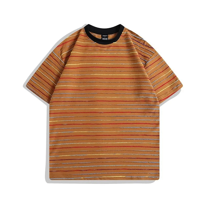 Men's loose fit half sleeve round neck T-shirt in apricot colour with Asian sizing label