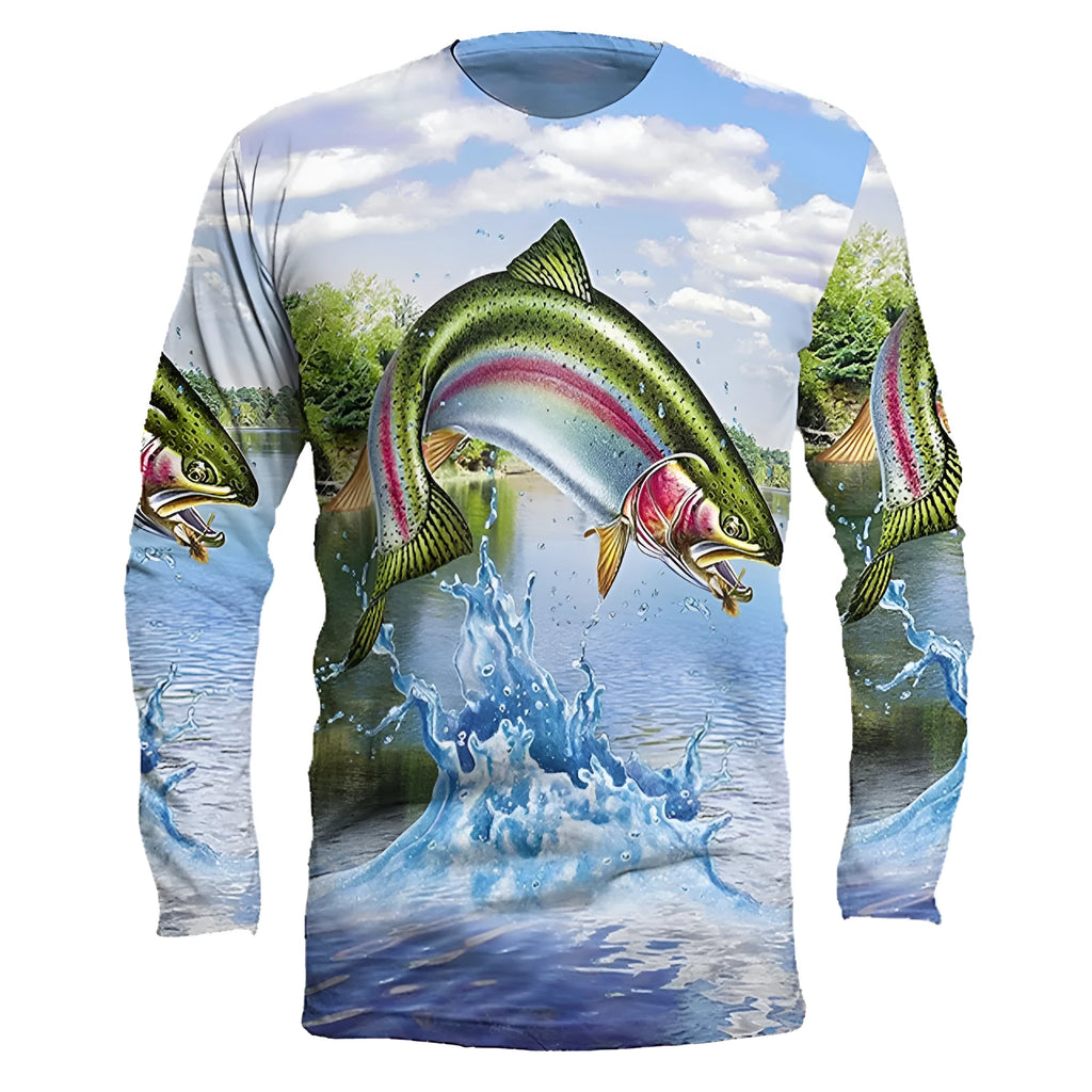 Men's grey round neck pullover top with a fish pattern print on the front.