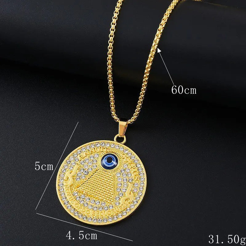 Gold-tone geometric alloy pendant necklace with an inlaid clear zircon stone for women.