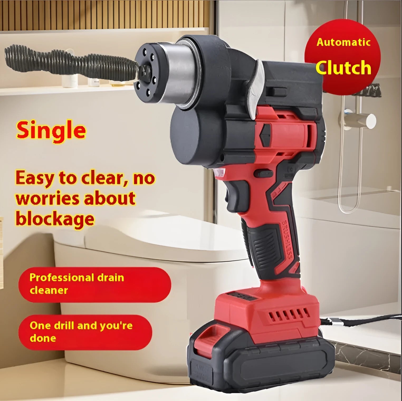Electric pipe unclogger with 21V automatic feed and 7.5m steel spring bag for drain clearing