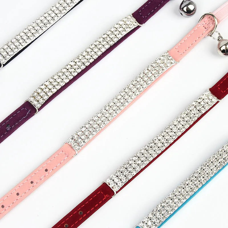 Velvet suede cat collar with rhinestone decoration in five colour options, adjustable 20-30cm length