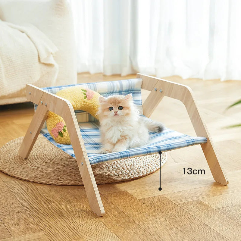 Wooden frame elevated cat hammock bed with cloth cover in blue colour