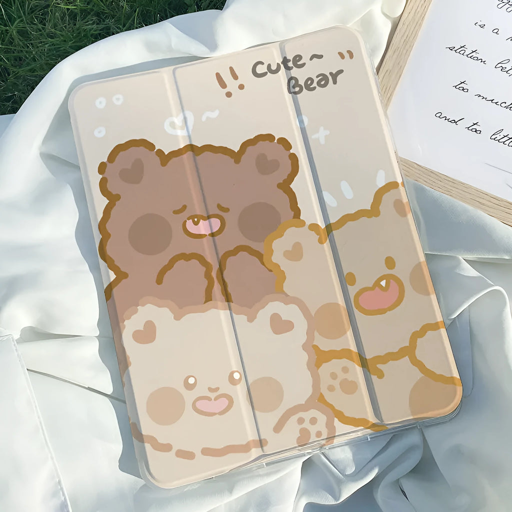 A flat, tri-fold silicone iPad protective case featuring a cartoon rabbit design.