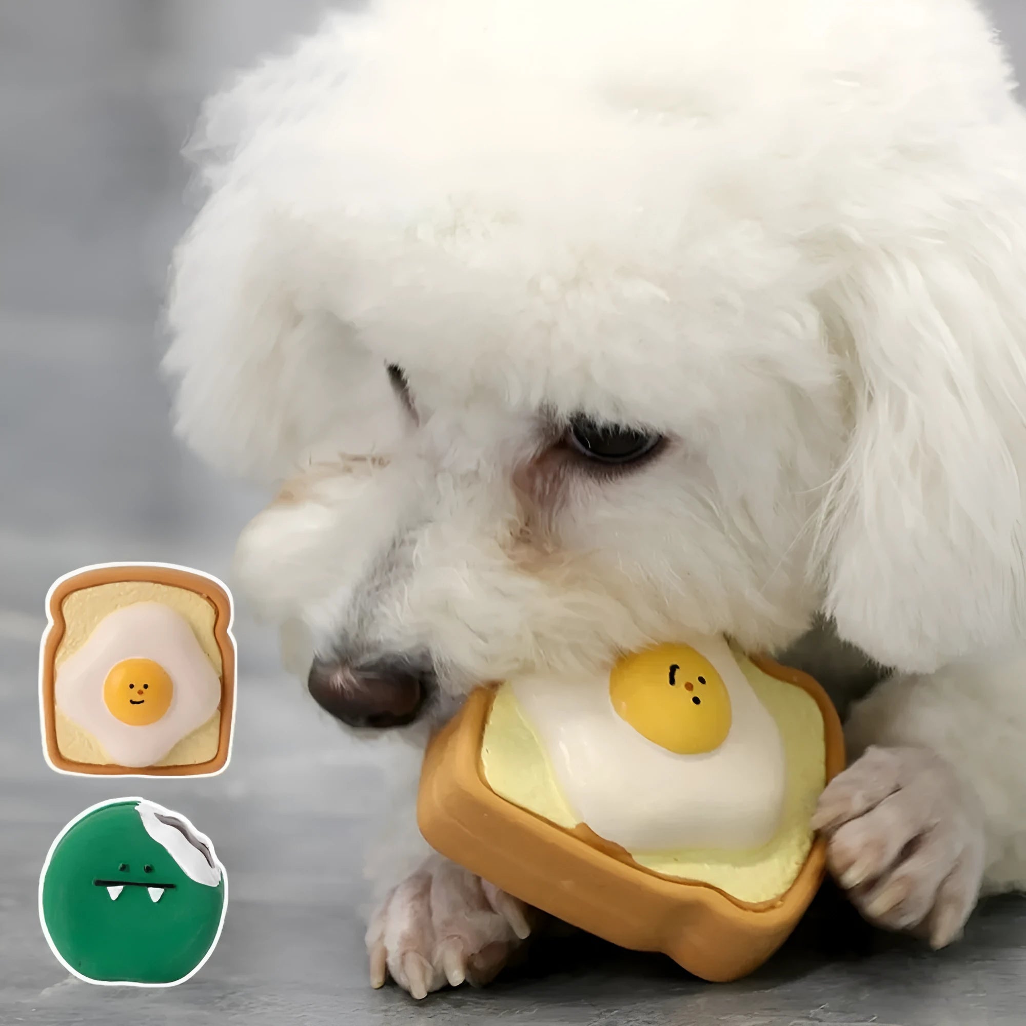 Yellow and green cartoon bread shaped latex dog squeaky chew toy on a white background.