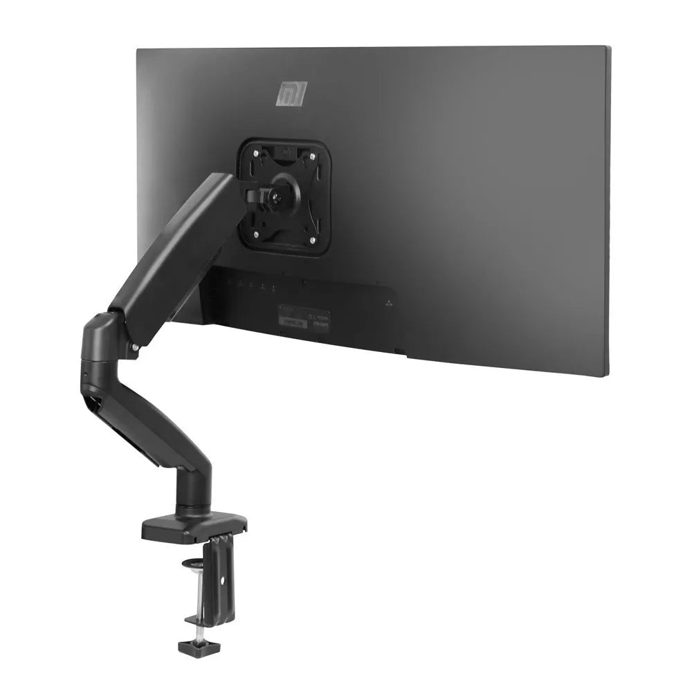 Black rotating telescopic LCD screen bracket on table with adjustable height and swivel features