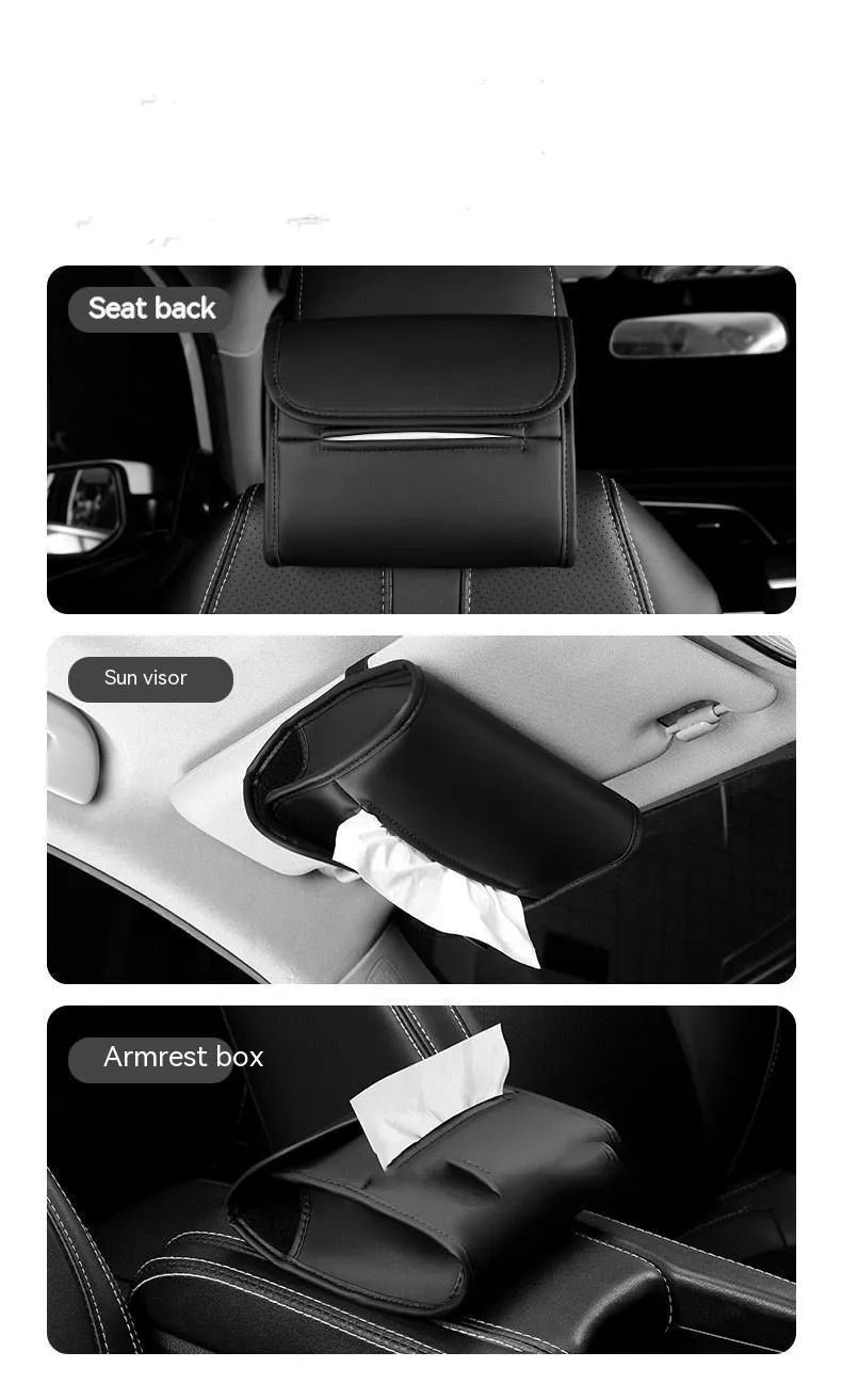 Leather car tissue holder box in beige colour with elastic band strap