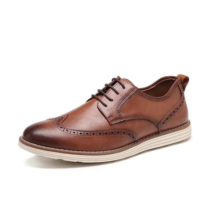 Men's black slip-on business casual shoes with decorative carving details on PU leather upper