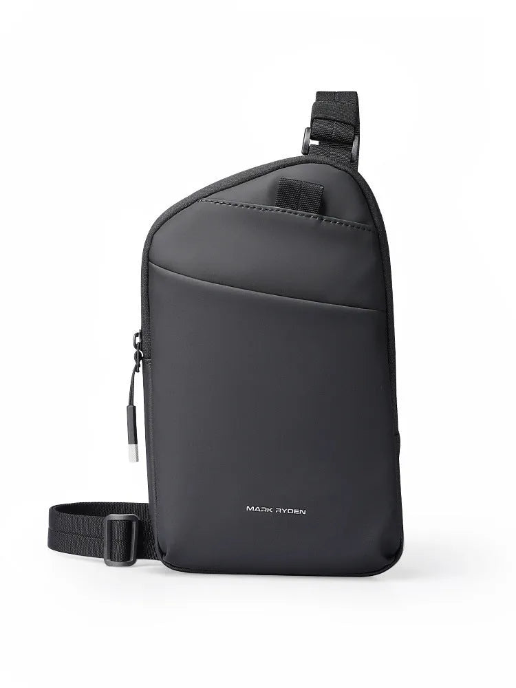 Men's black Oxford cloth crossbody bag with sewing thread detailing and single shoulder strap