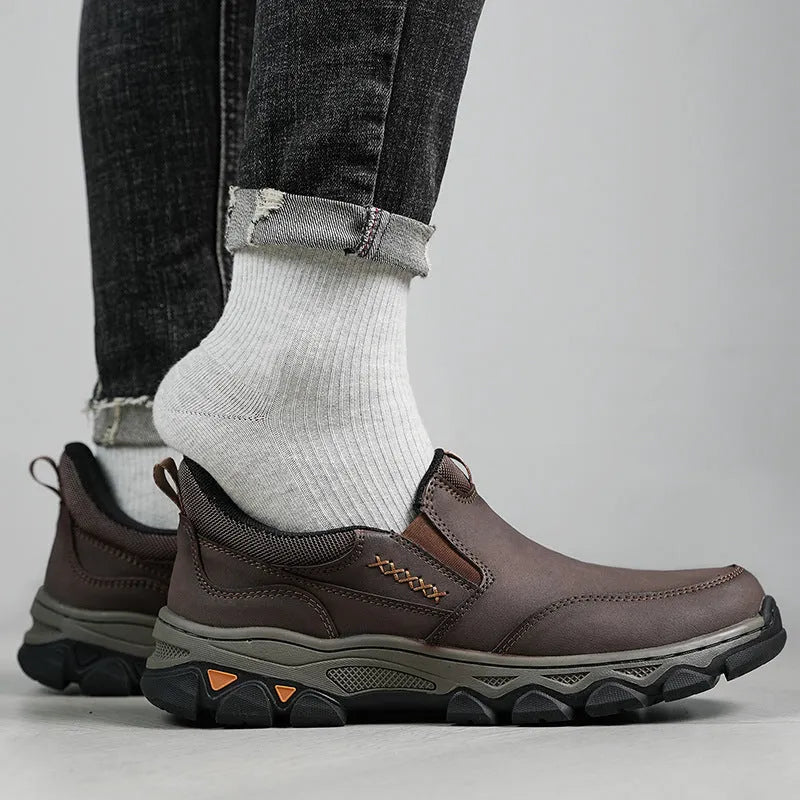 Men's casual leather-style shoes with rubber soles in black, brown and grey colours