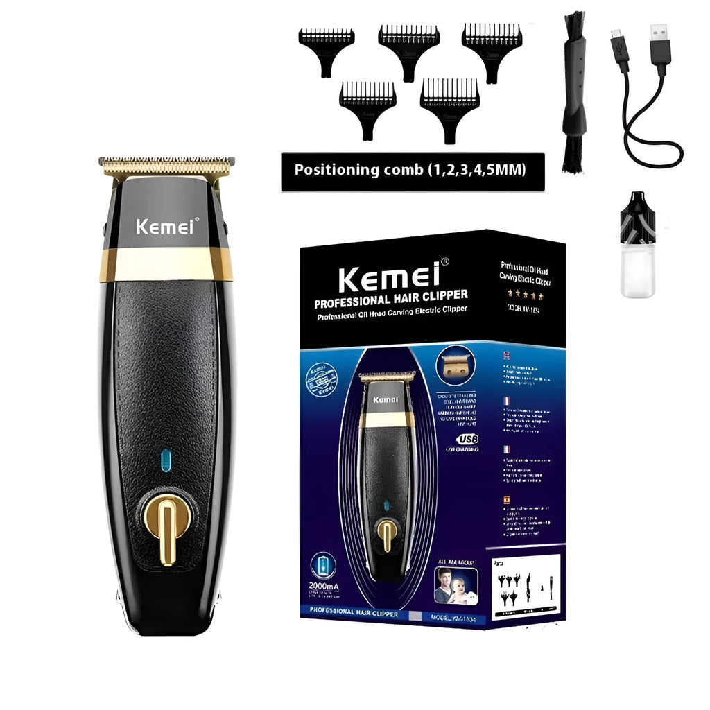 KM1834 rechargeable electric hair clipper with 5 limit combs and USB cable on white background