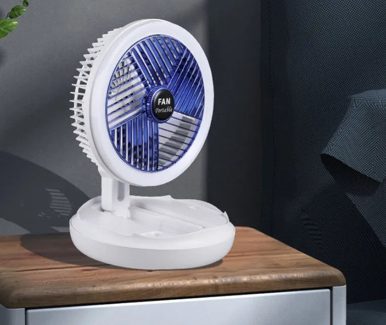 Blue or grey USB charging foldable desk fan with LED light showing wall mounting and desk use