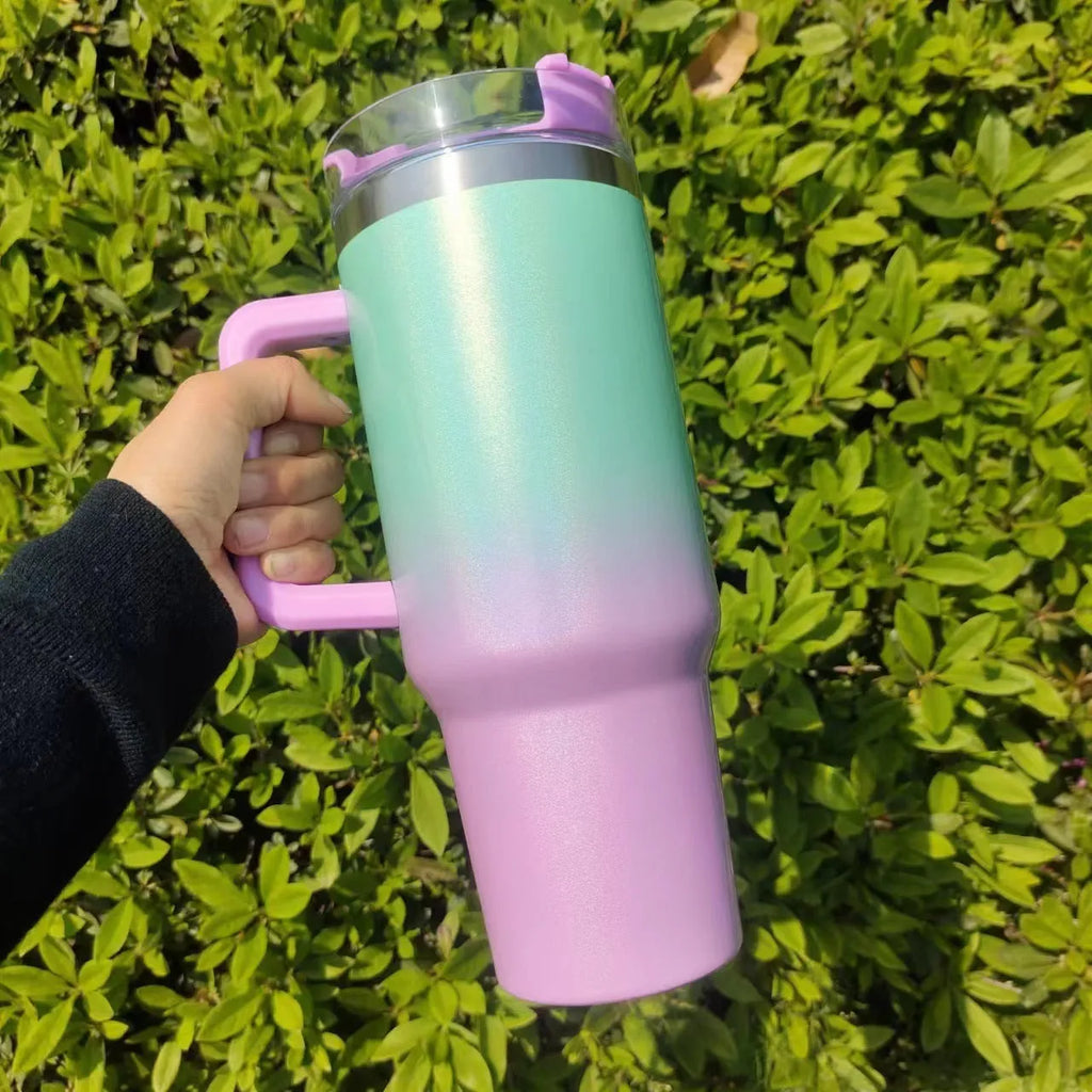 Large stainless steel vacuum insulation cup with double-layer construction in rainbow gradient colours