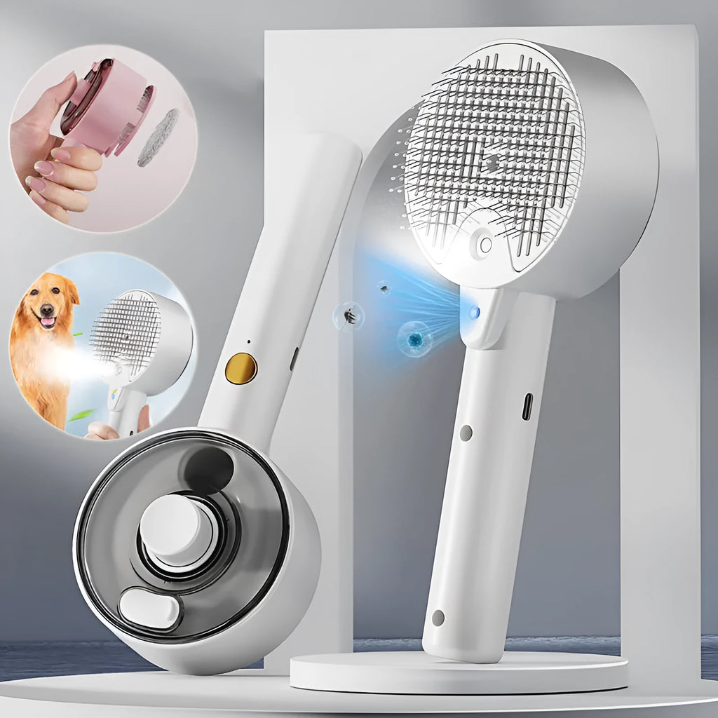 Ceramic white rechargeable pet grooming brush with UVC light and misting function on a dog's coat.