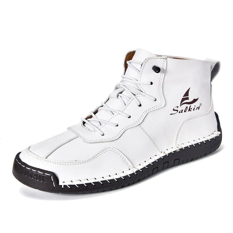 Men's retro-style high-top casual boots in frosted PU leather with elastic band closure and round toe.