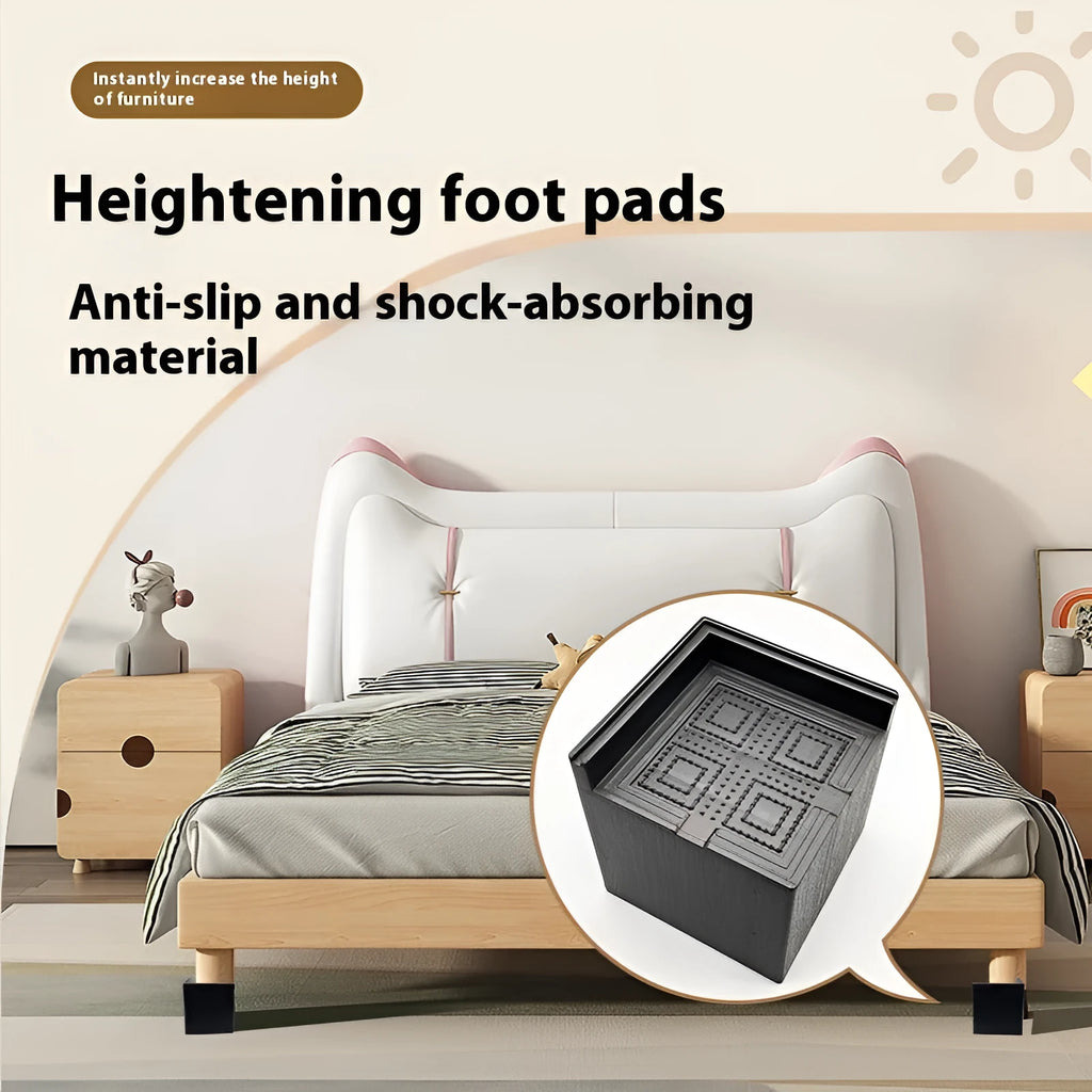 Four black plastic furniture foot mats for raising bed or sofa legs on hard floors.