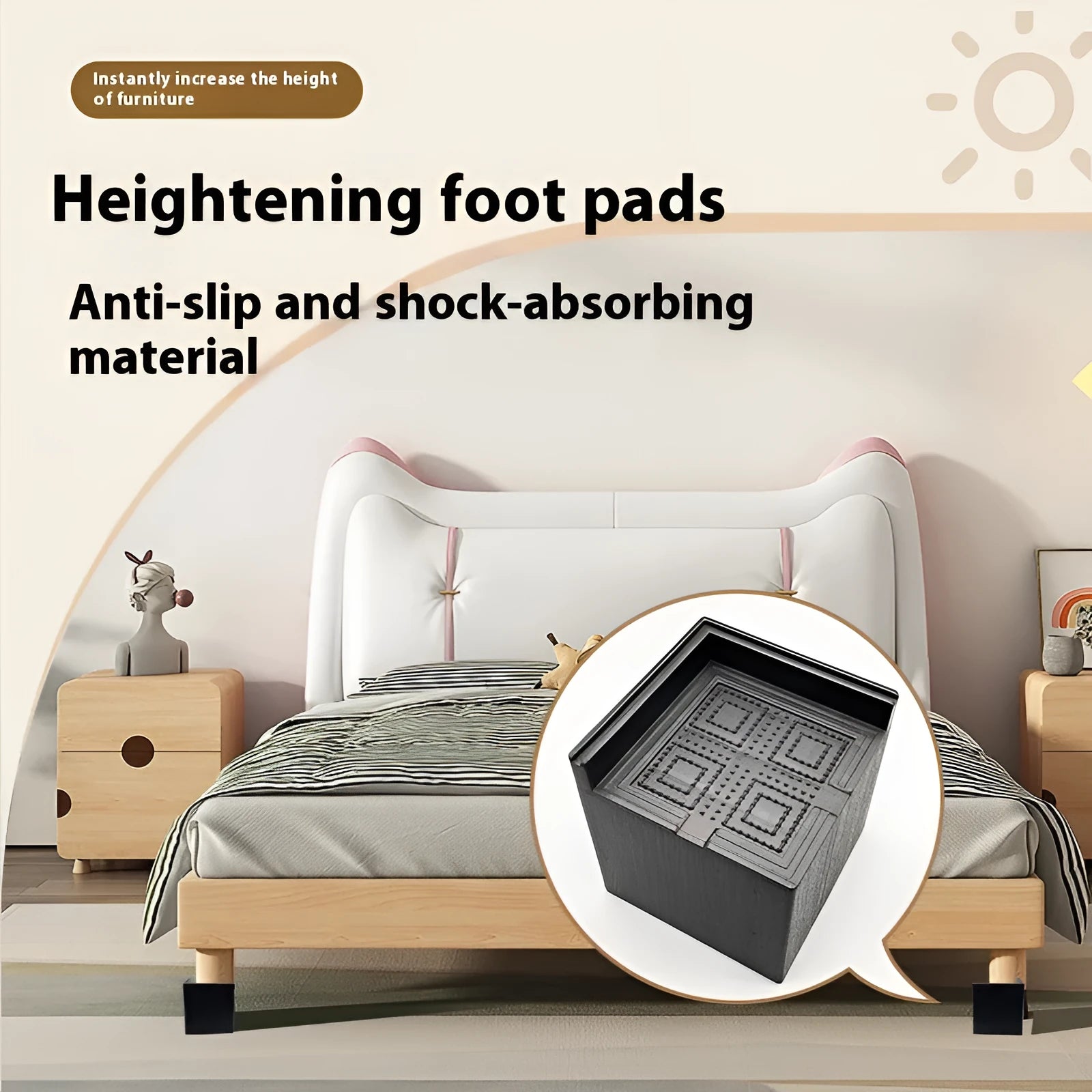 Four black plastic furniture foot mats for raising bed or sofa legs on hard floors.