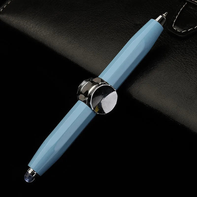 Metal gyro ballpoint pen with LED spinner, shown in multiple refill colour options.