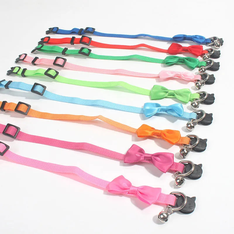 Striped adjustable nylon cat collar with bell in multiple bright colour options