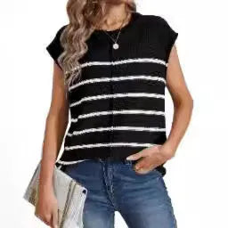 Women's striped sleeveless pullover top in acrylic fabric with bone stitching detail