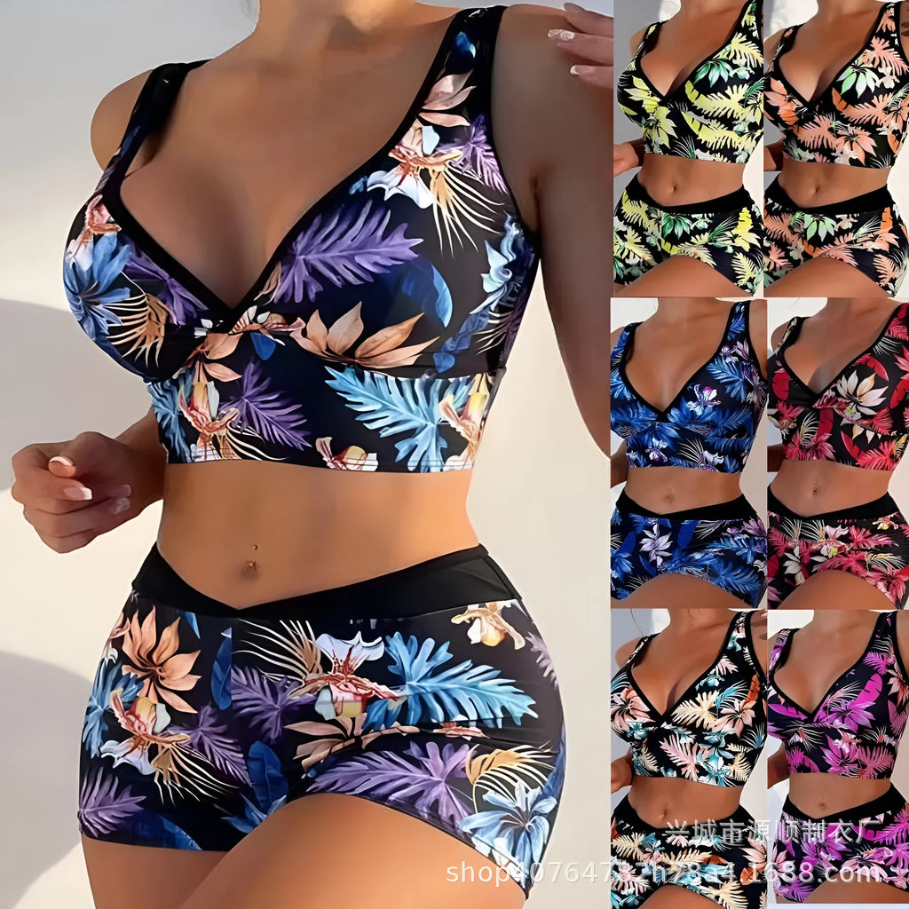 Women's two-piece printed swimsuit set with boxer briefs in multi-color design