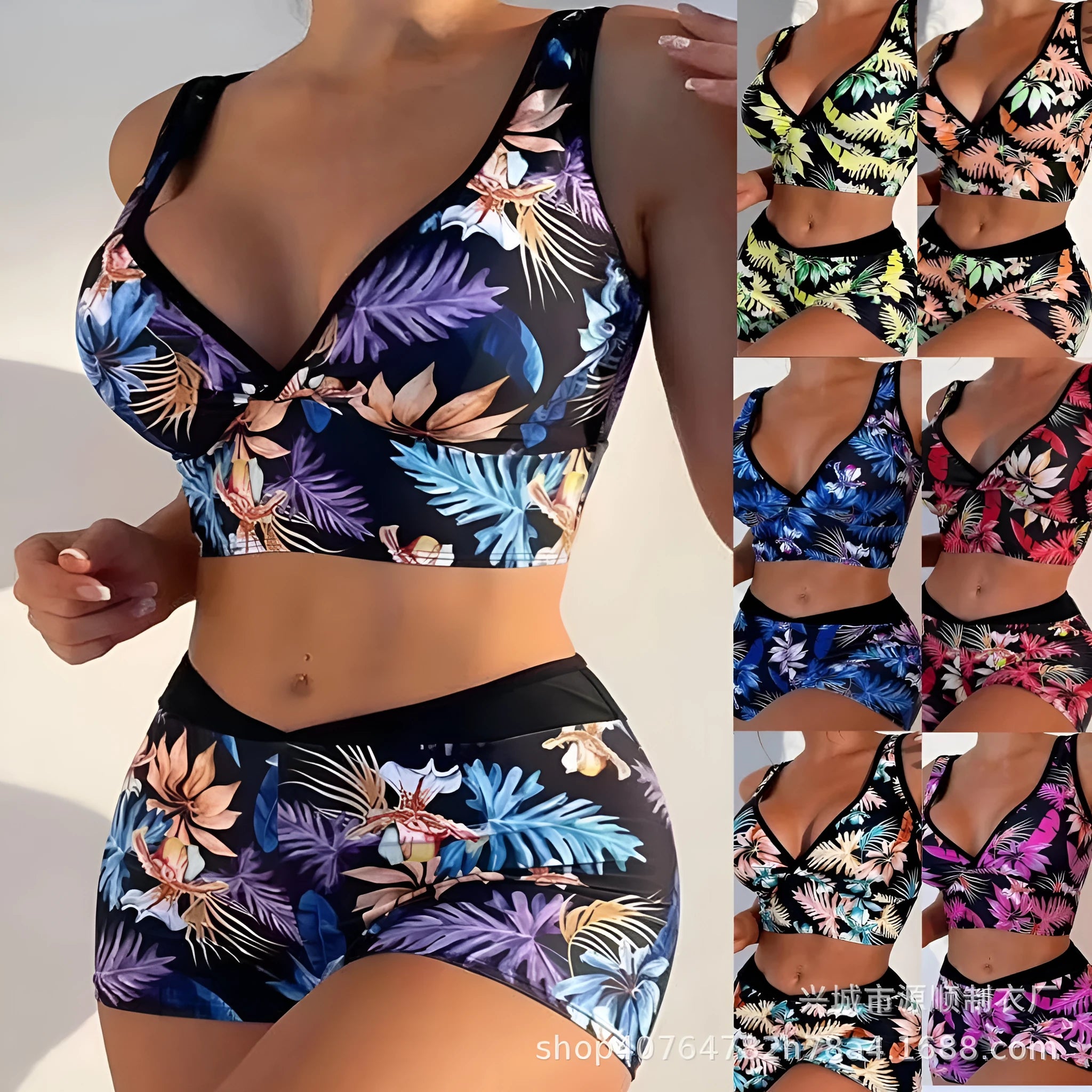 Women's two-piece printed swimsuit set with boxer briefs in multi-color design