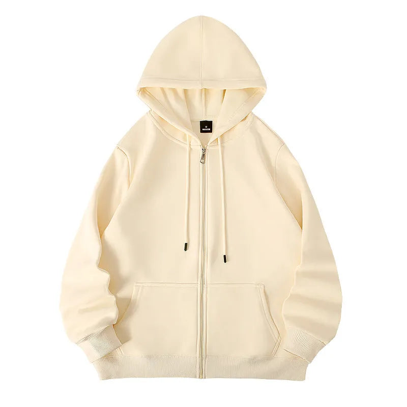 Men's heavyweight zip hooded sweater in charcoal grey showing front kangaroo pockets and adjustable hood