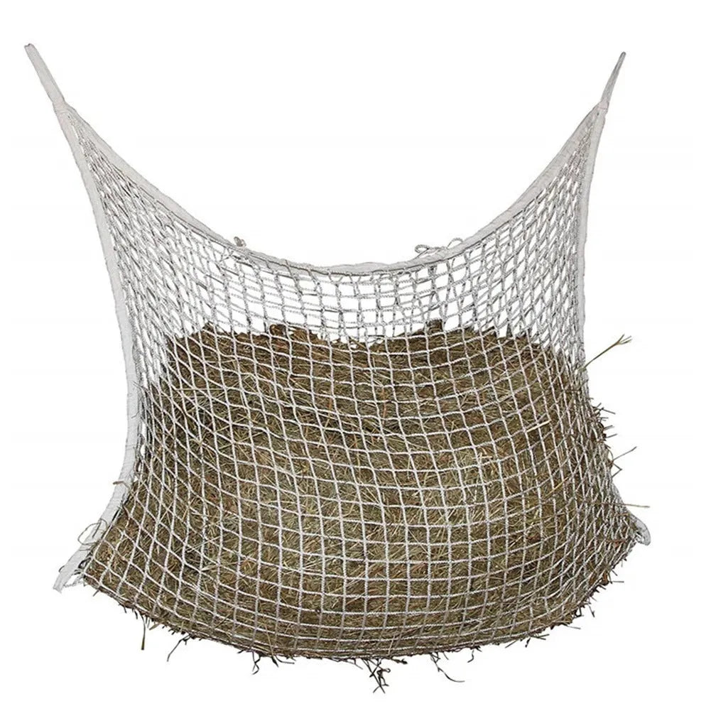Woven PE rope grid horse feeding bag in black colour showing hanging design and weaving construction