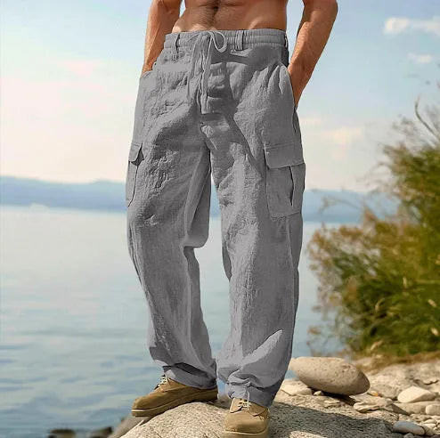 Men's cotton wide-leg casual trousers in seven colours with elastic mid waist