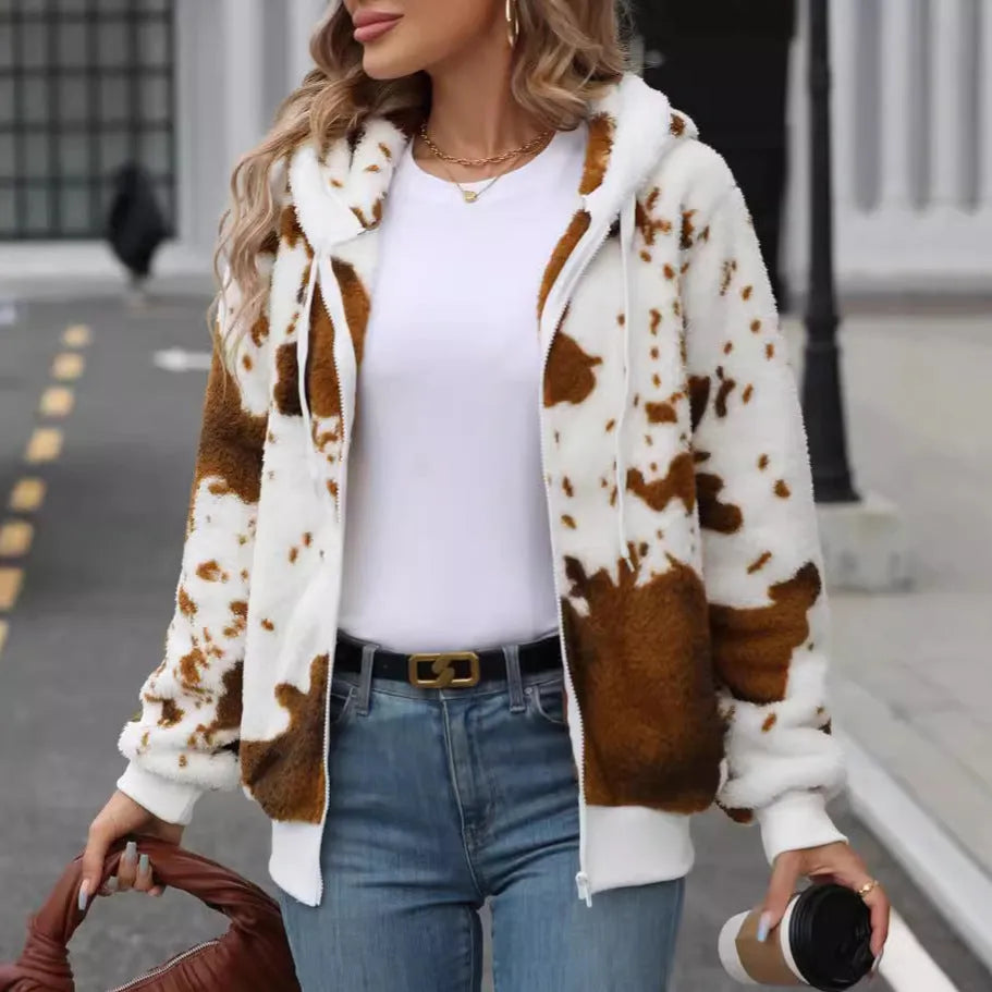 Yellow Brown Cow animal print hooded cardigan jacket with full zip