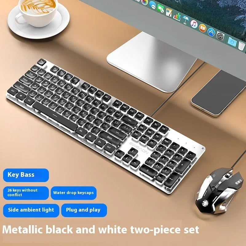 Mute mechanical keyboard with LED lighting and matching wired mouse in silver white blue colour combination