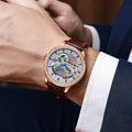 Men's rose gold stainless steel mechanical watch with business dial and onion crown.