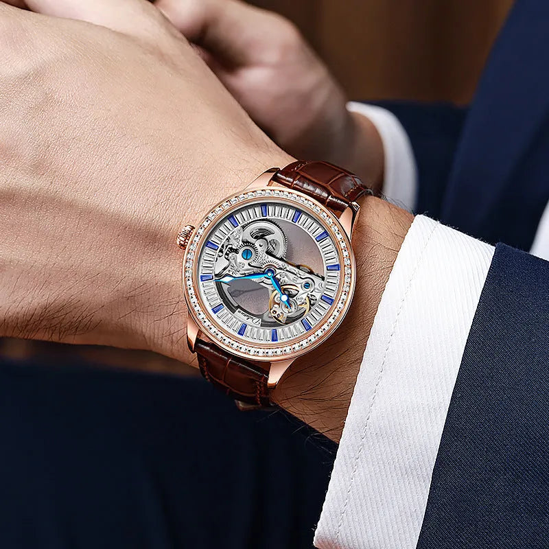 Men's rose gold stainless steel mechanical watch with business dial and onion crown.