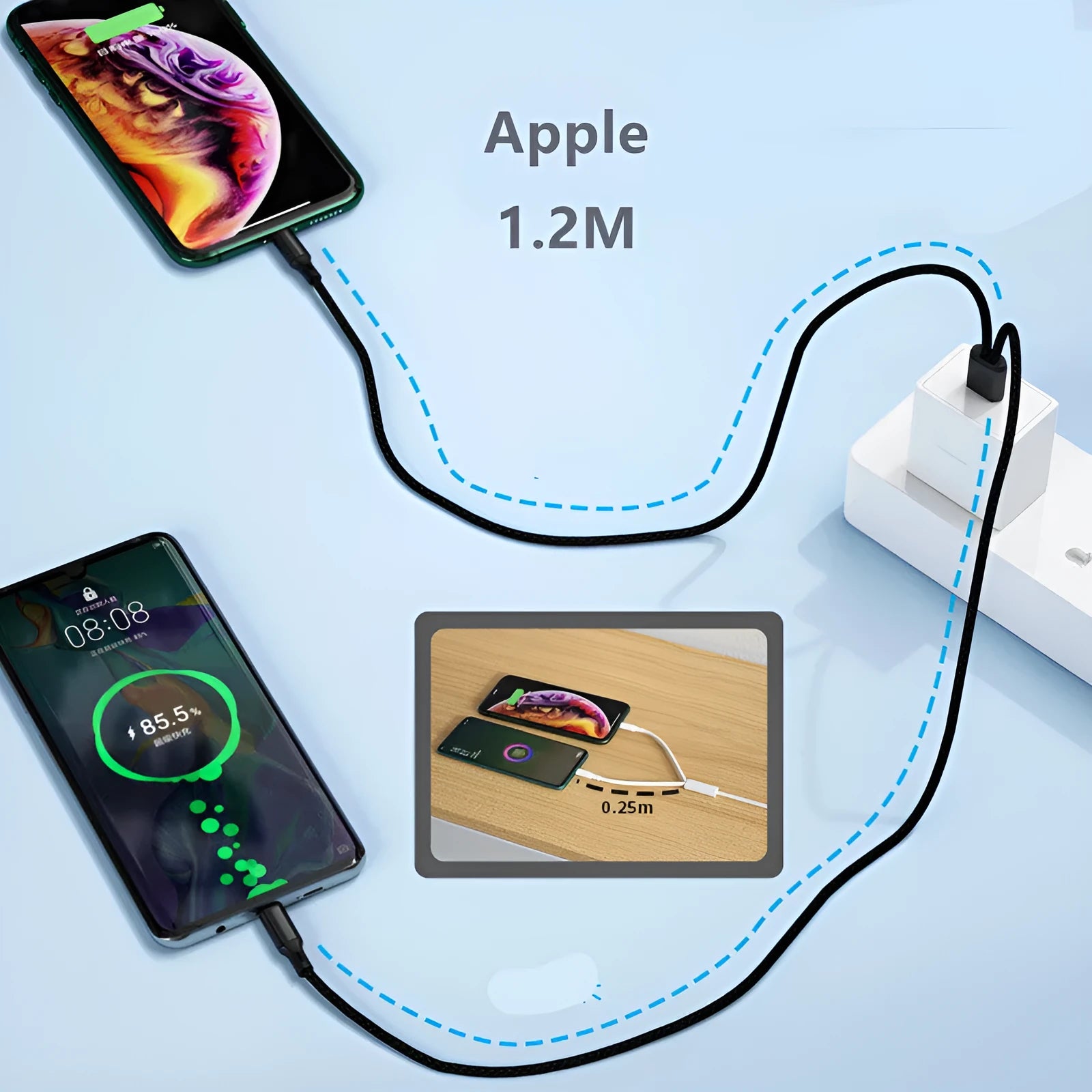 Black and red nylon braided twin-port USB charging cable with two Micro USB connectors