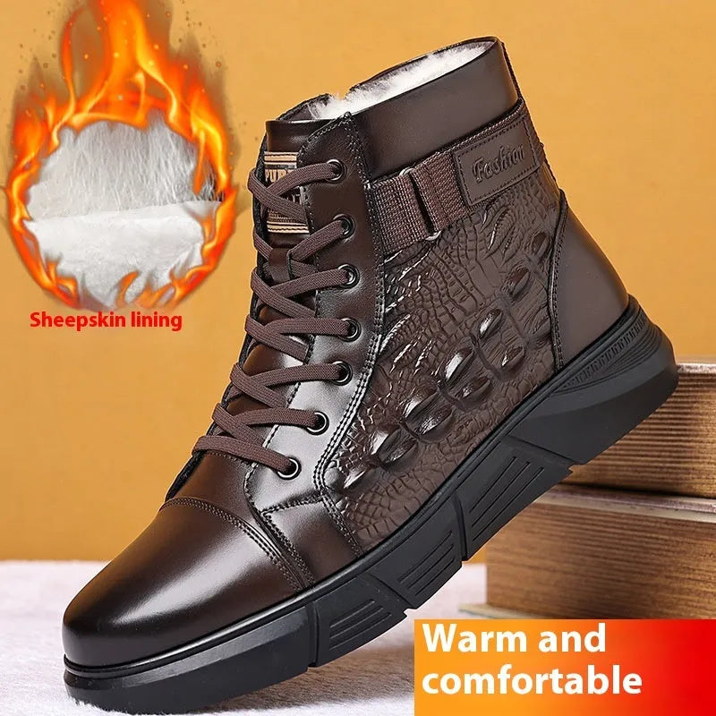Men's black snow boots with fur lining, velvet trim, genuine leather upper, and rubber non-slip sole.