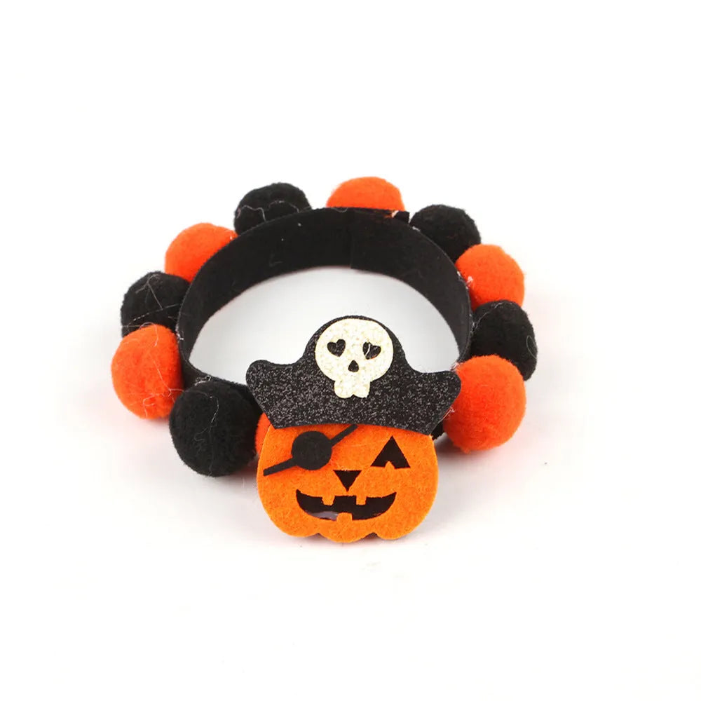 Halloween pet fur ball collar in six designs including pumpkin, skull, and witch themes