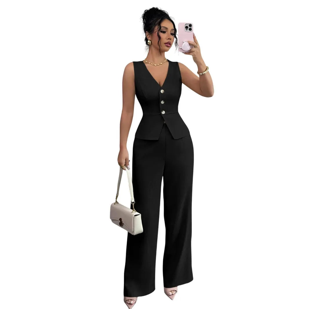 Women's sleeveless slim fit vest and high waist trousers two-piece set in solid colour