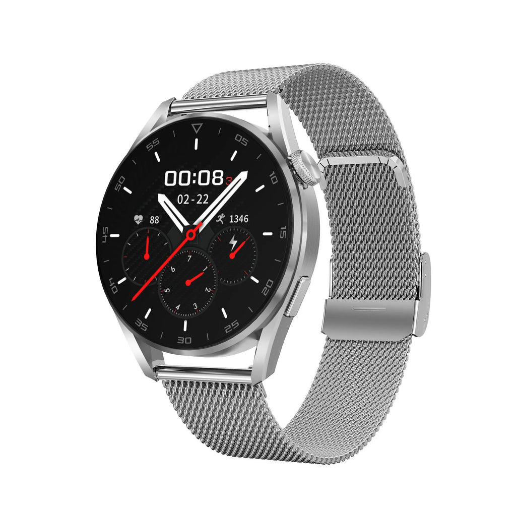 Smart watch with metal wristband and 1.3-inch screen showing Bluetooth call and scan code functions.