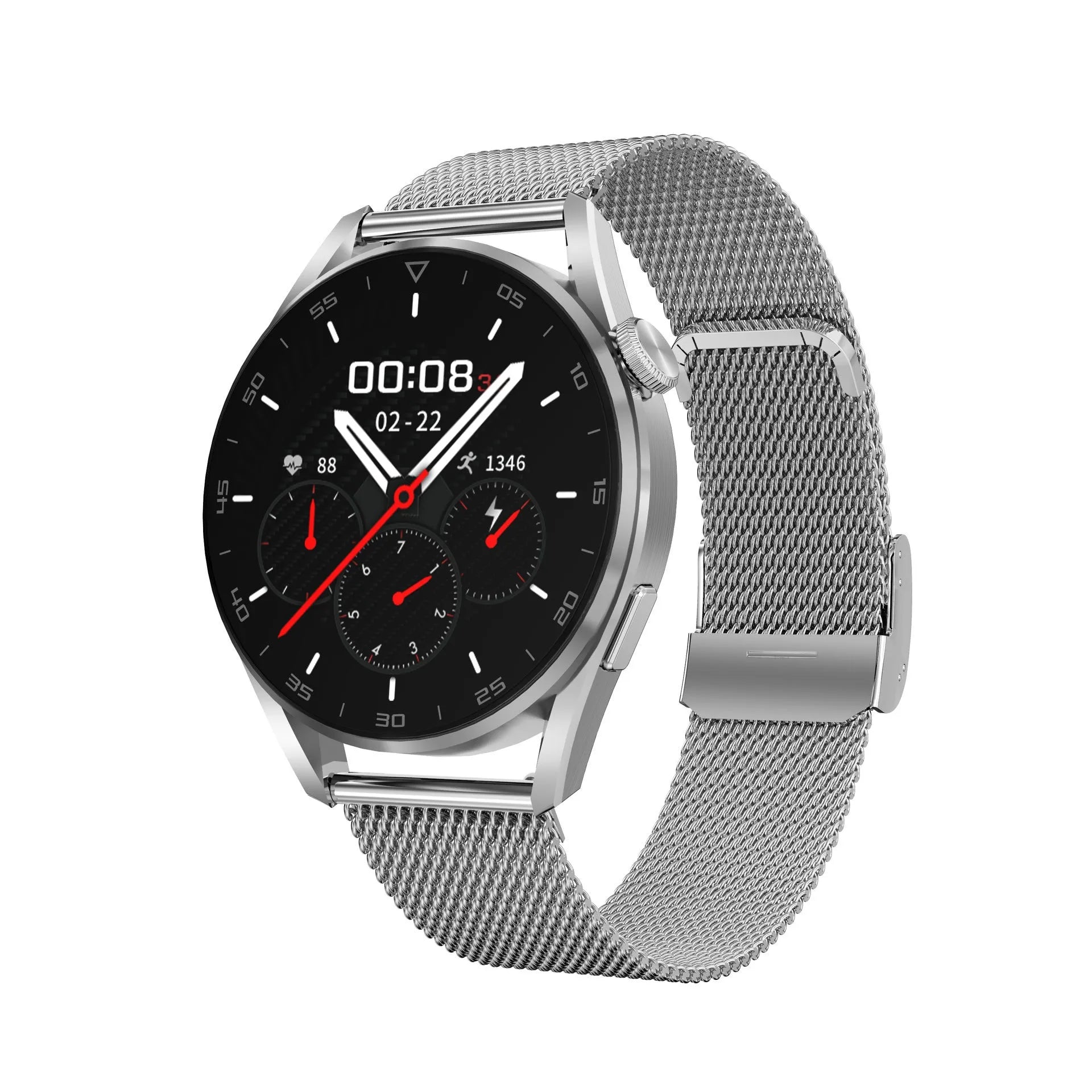 Smart watch with metal wristband and 1.3-inch screen showing Bluetooth call and scan code functions.
