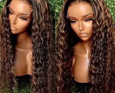 Long curly lace wig headgear in natural soft look with side bangs, black colour, 12-32 inches length options