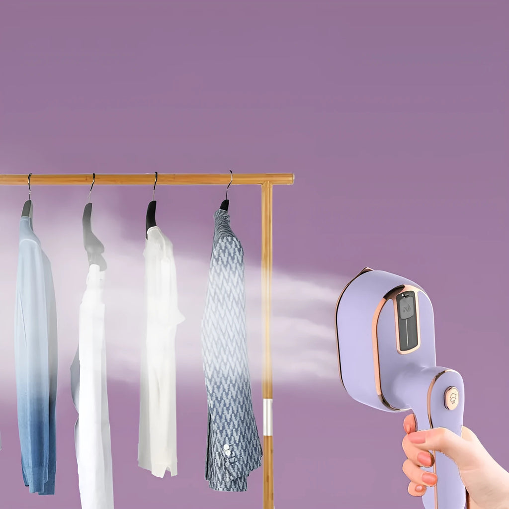 Home Fashion simple rotating steam hanging iron in light purple with rotating head and 1000W power on a white background