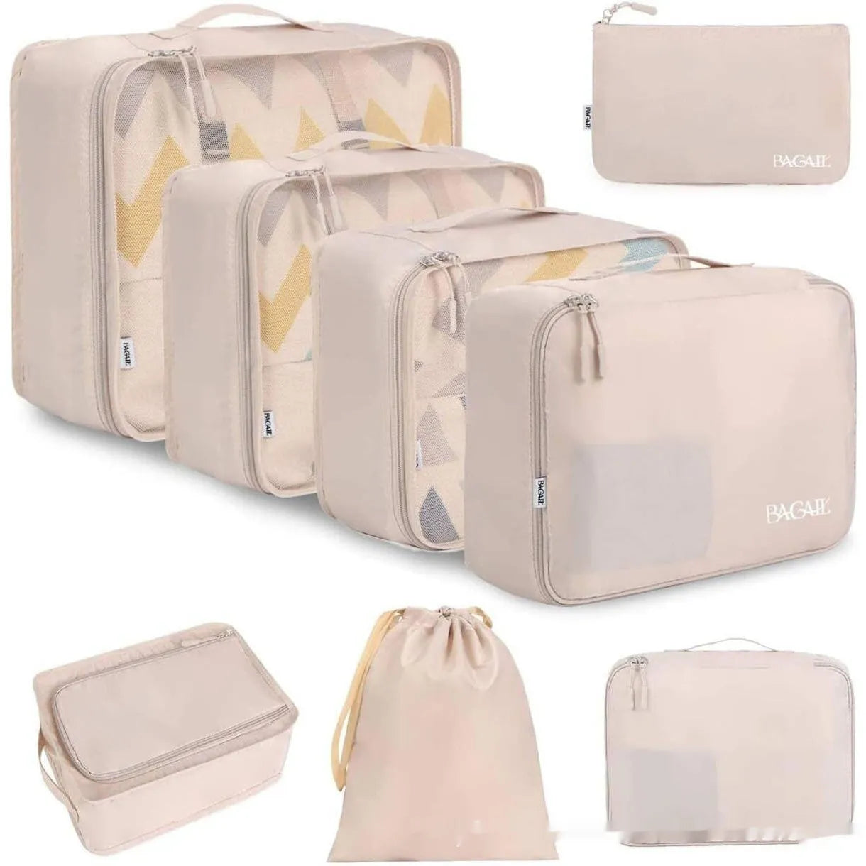 Eight cubic travel packing bags in various colours including beige, black, pink leopard print, and white pink stripes