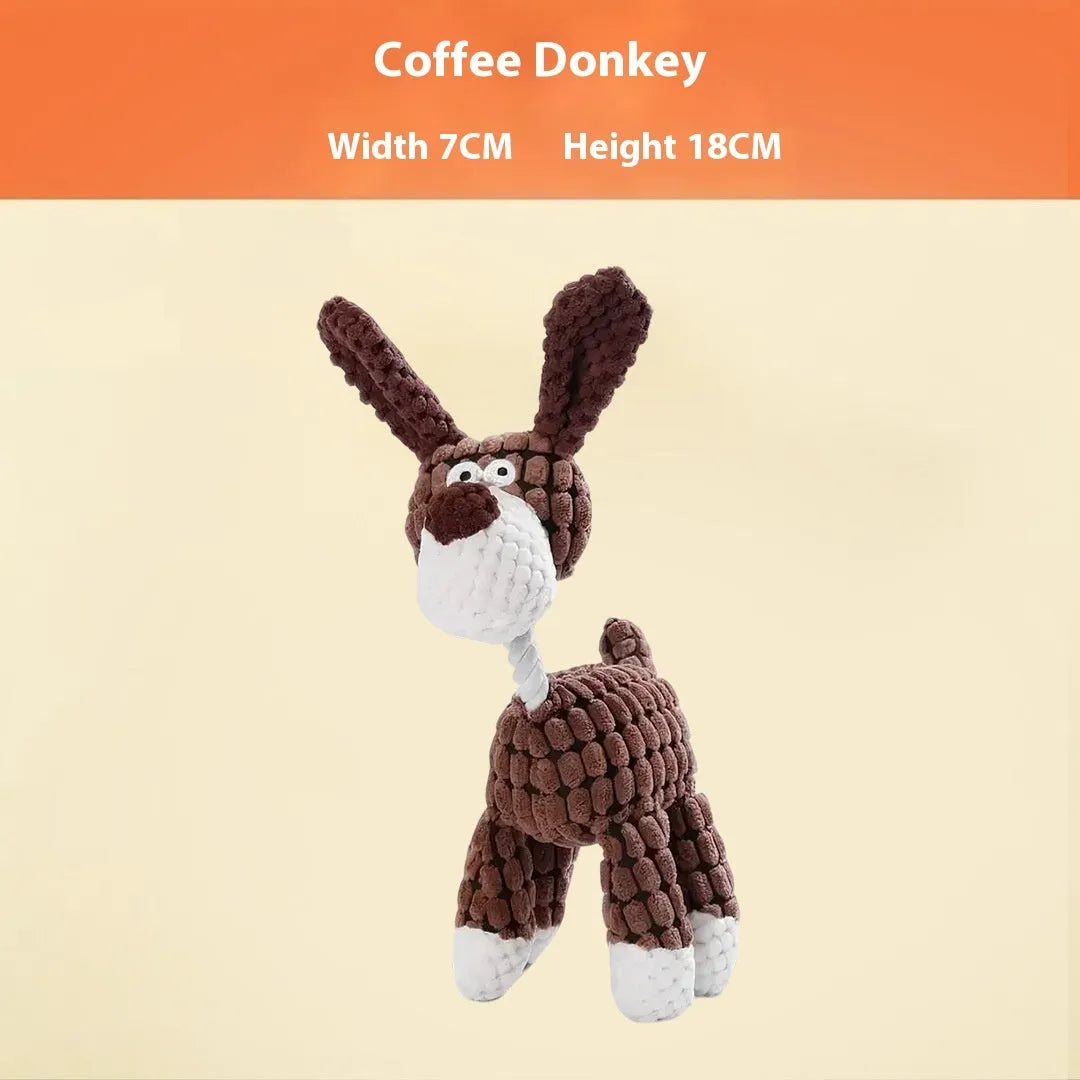 Selection of plush pet toys including donkey, rechargeable duck, elephant and dog styles