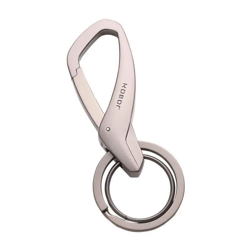 Zinc alloy double ring key waist hanger in black, chrome, and nickel colour options.