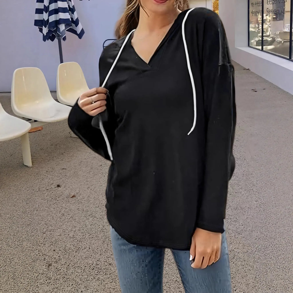 Women's red V-neck polyester hoodie with long sleeves, loose fit